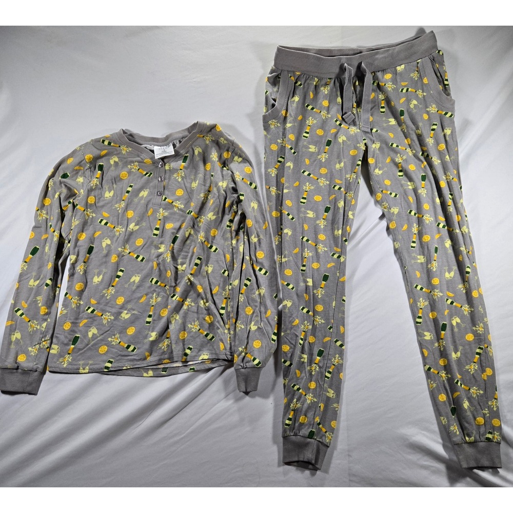 SERRA Pajama Set Small S Gray Champagne Lemon Print Long Sleeve Lounge 2Pc